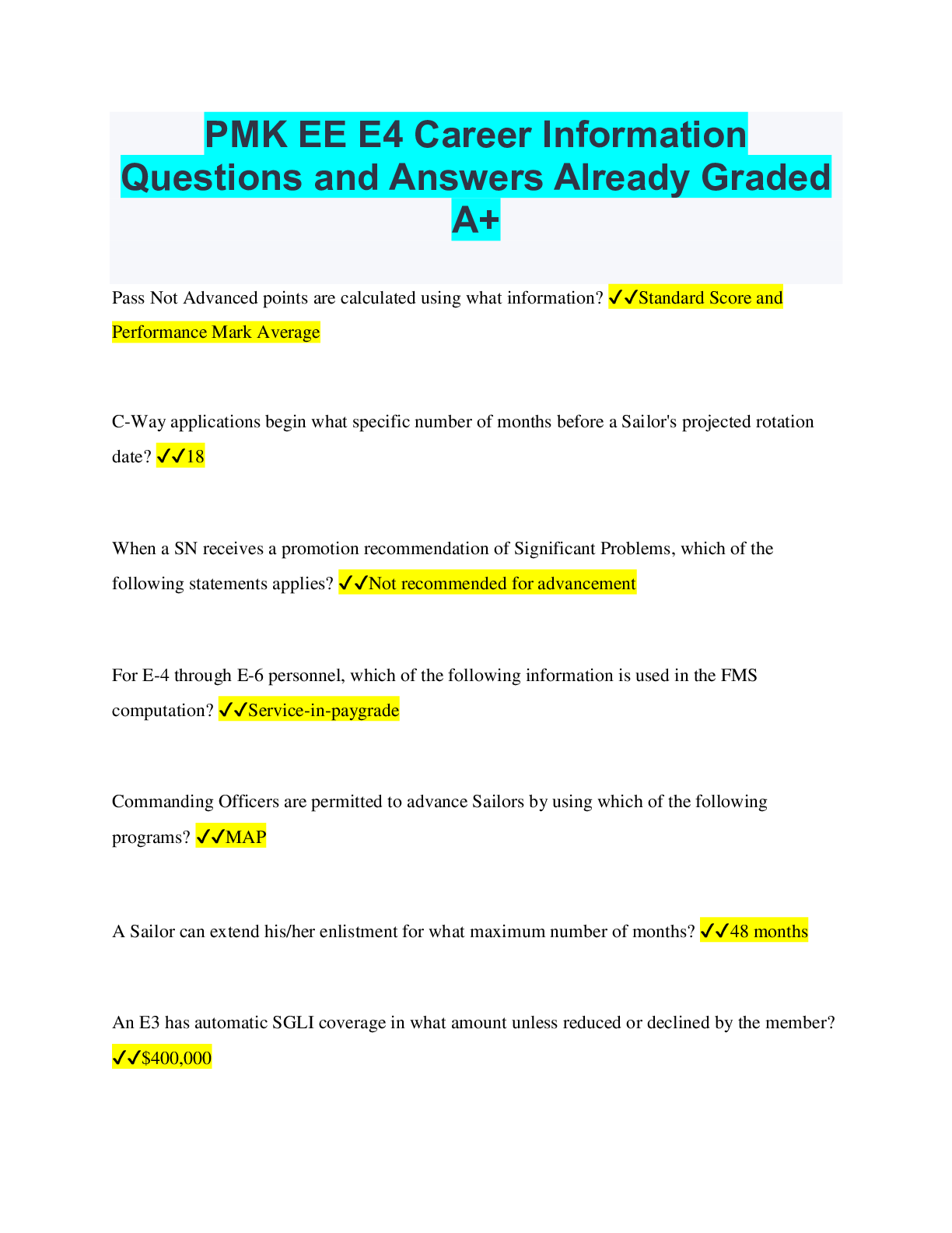 PMK EE E4 Career Information Questions and Answers Already Graded A+